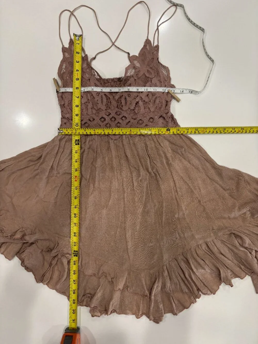 Medium Free People One Flare Mini Dress Spaghetti Strap Lace Embroidered Stretch